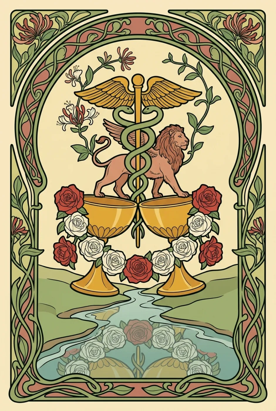 Two of Cups, reversed, a L'Heure Verte tarot card