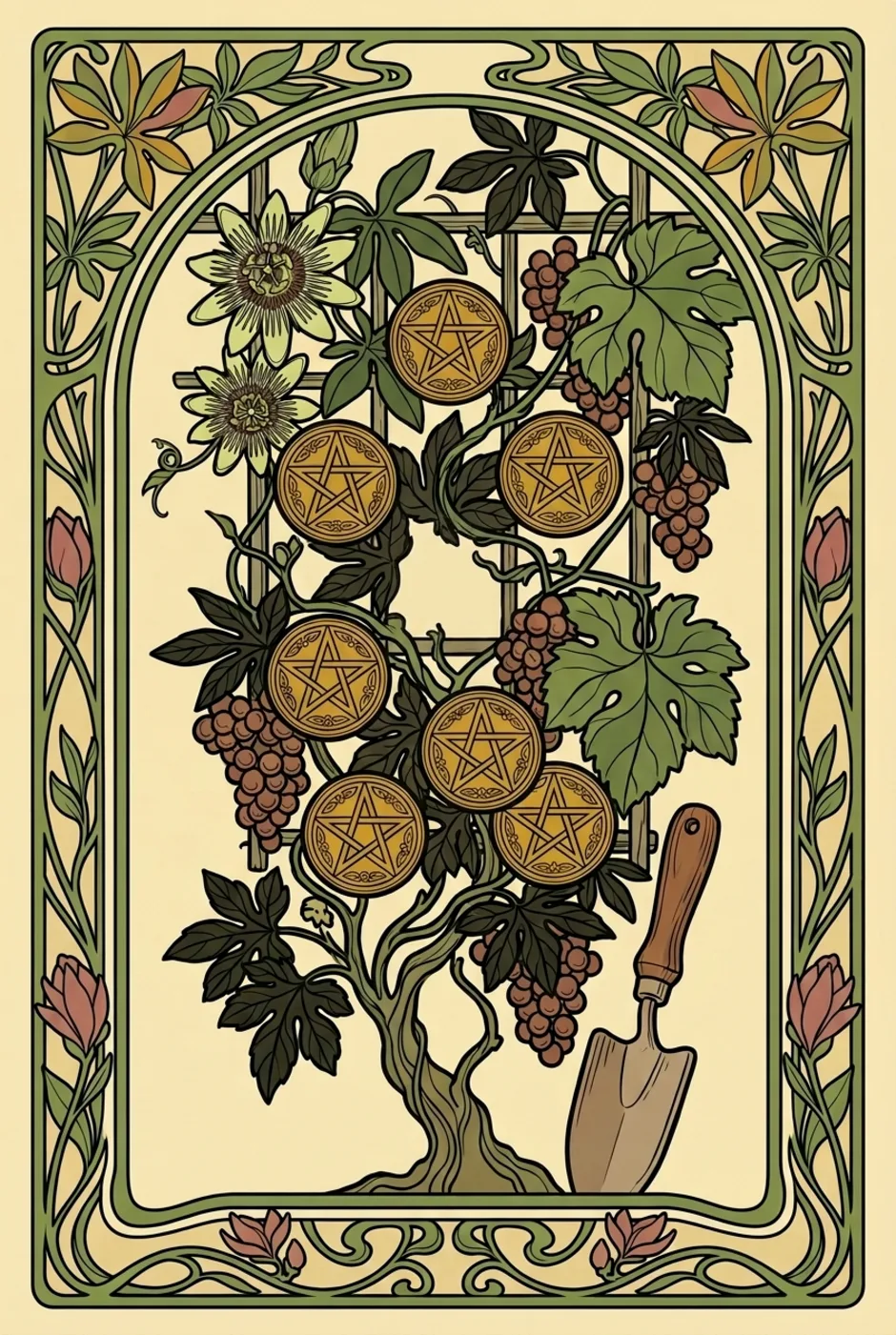 Seven of Pentacles, upright, a L'Heure Verte tarot card