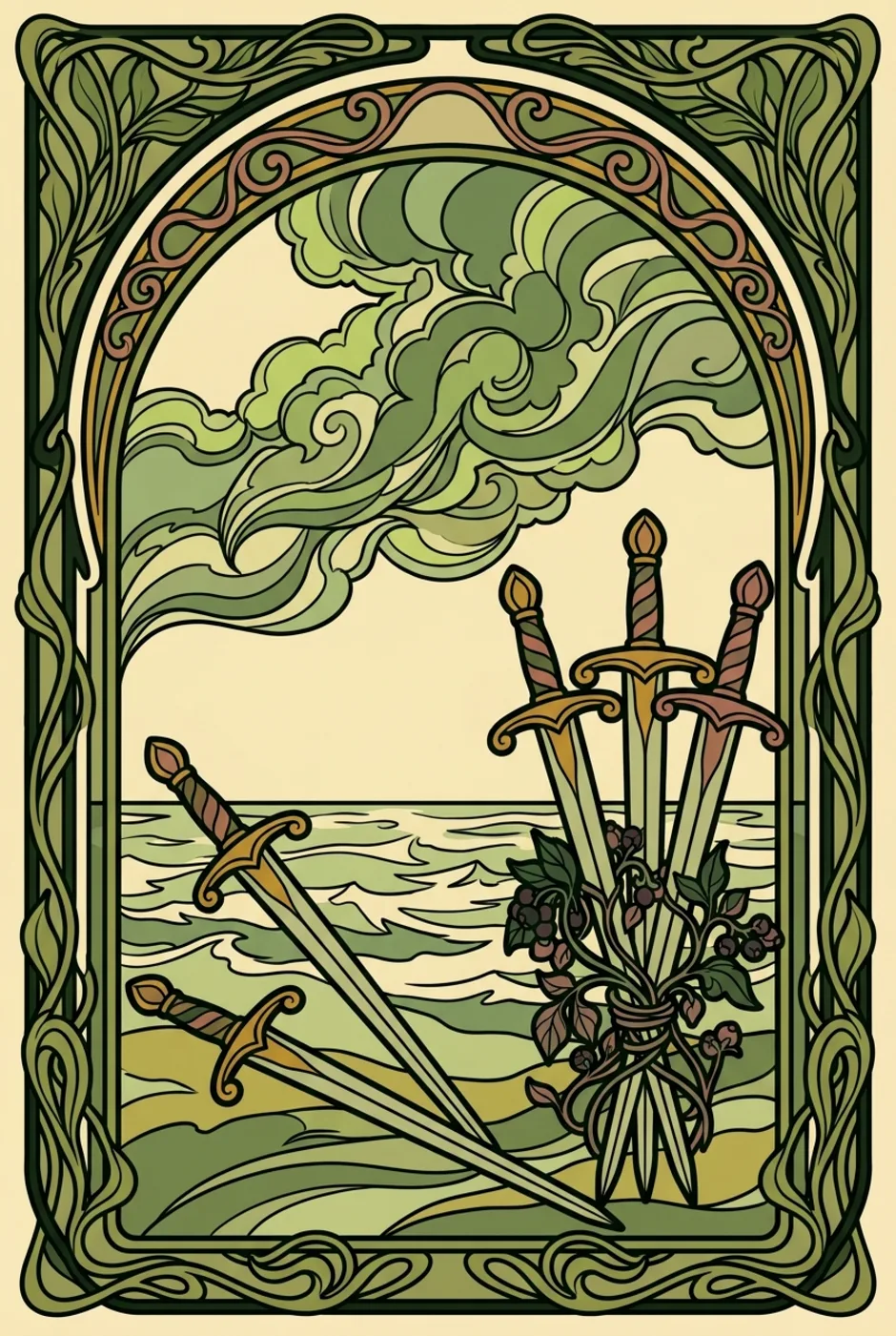 Five of Swords, upright, a L'Heure Verte tarot card