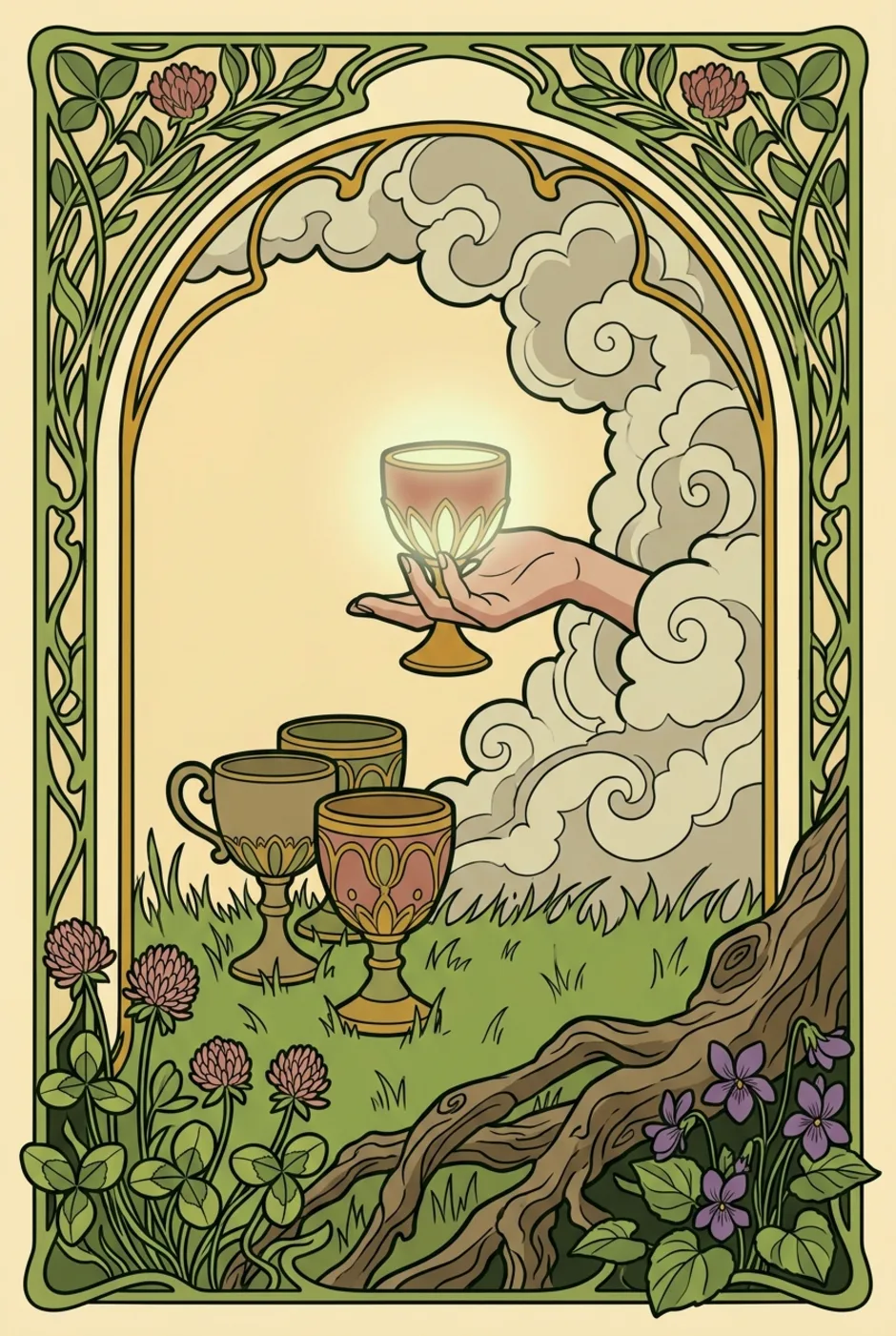 Four of Cups, upright, a L'Heure Verte tarot card