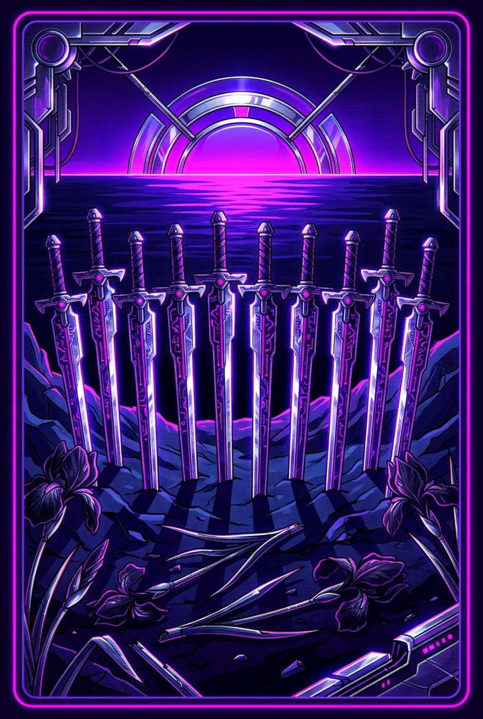 Ten of Swords, upright, a Overclock tarot card