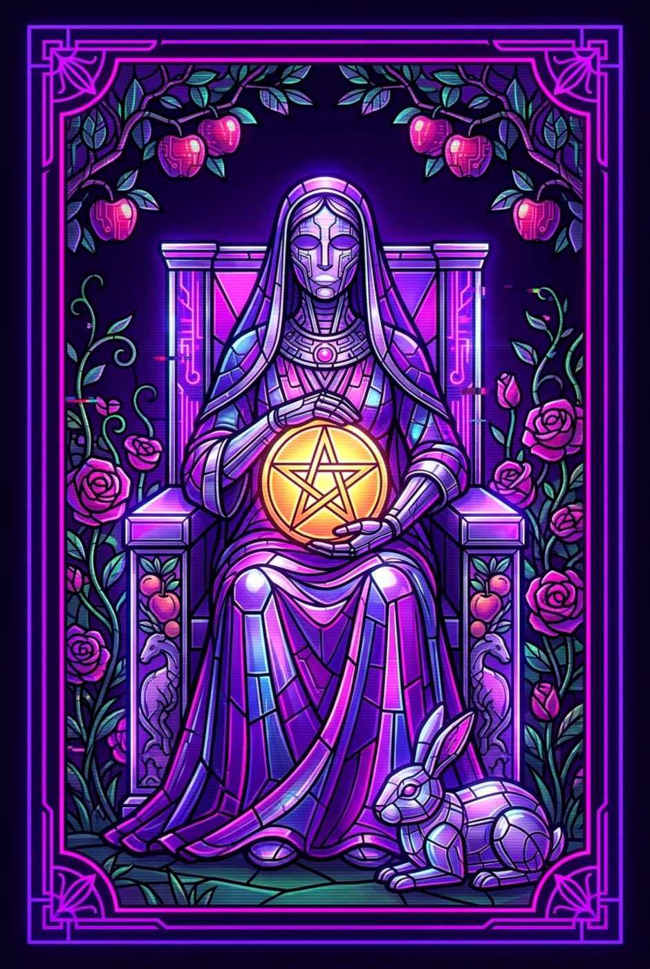 Queen of Pentacles, upright, a Overclock tarot card