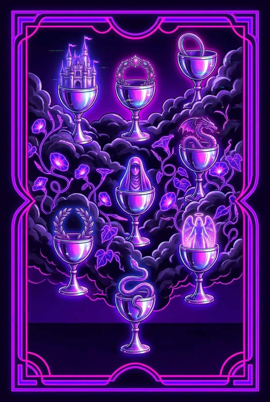 Seven of Cups, reversed, a Overclock tarot card