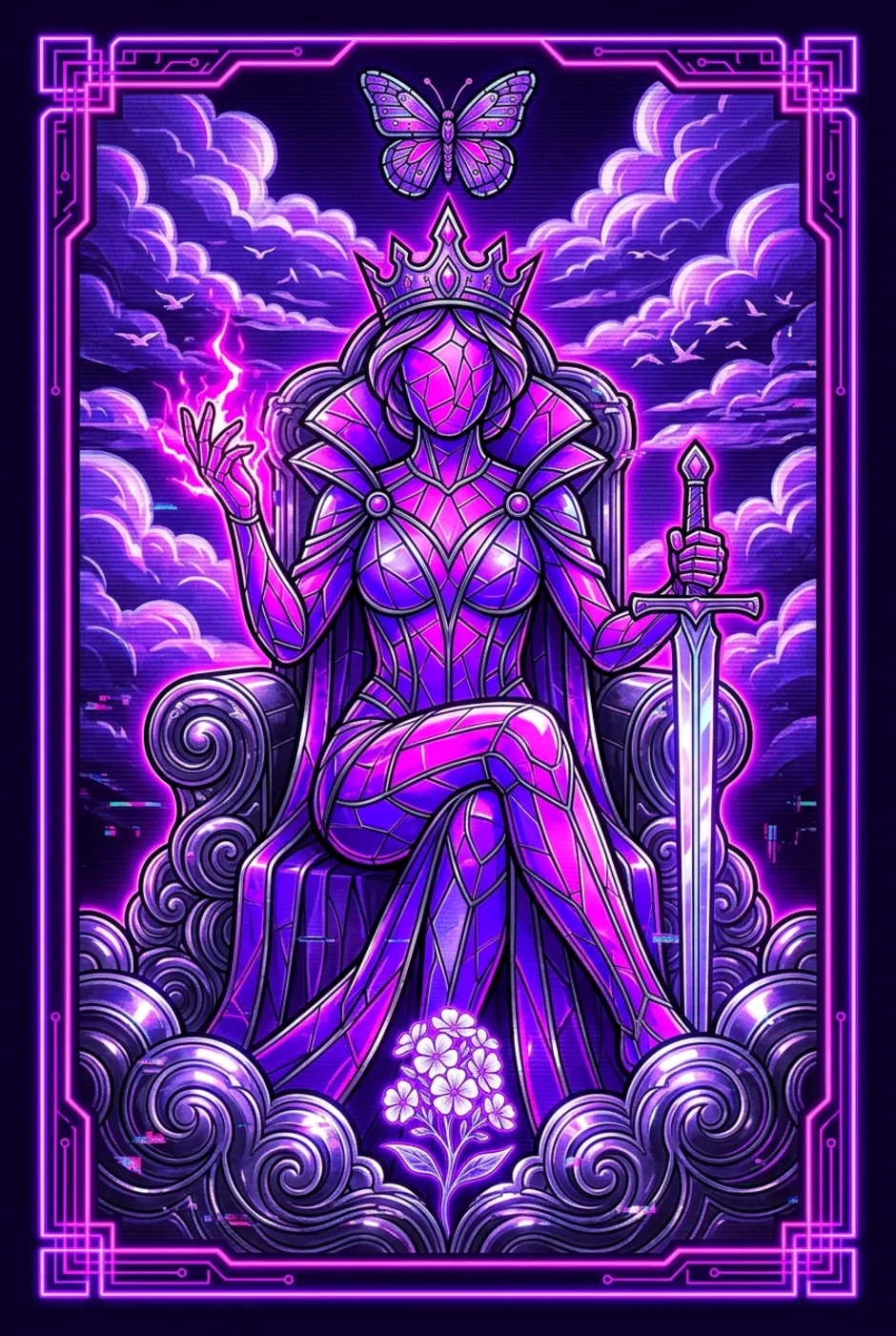 Queen of Swords, upright, a Overclock tarot card