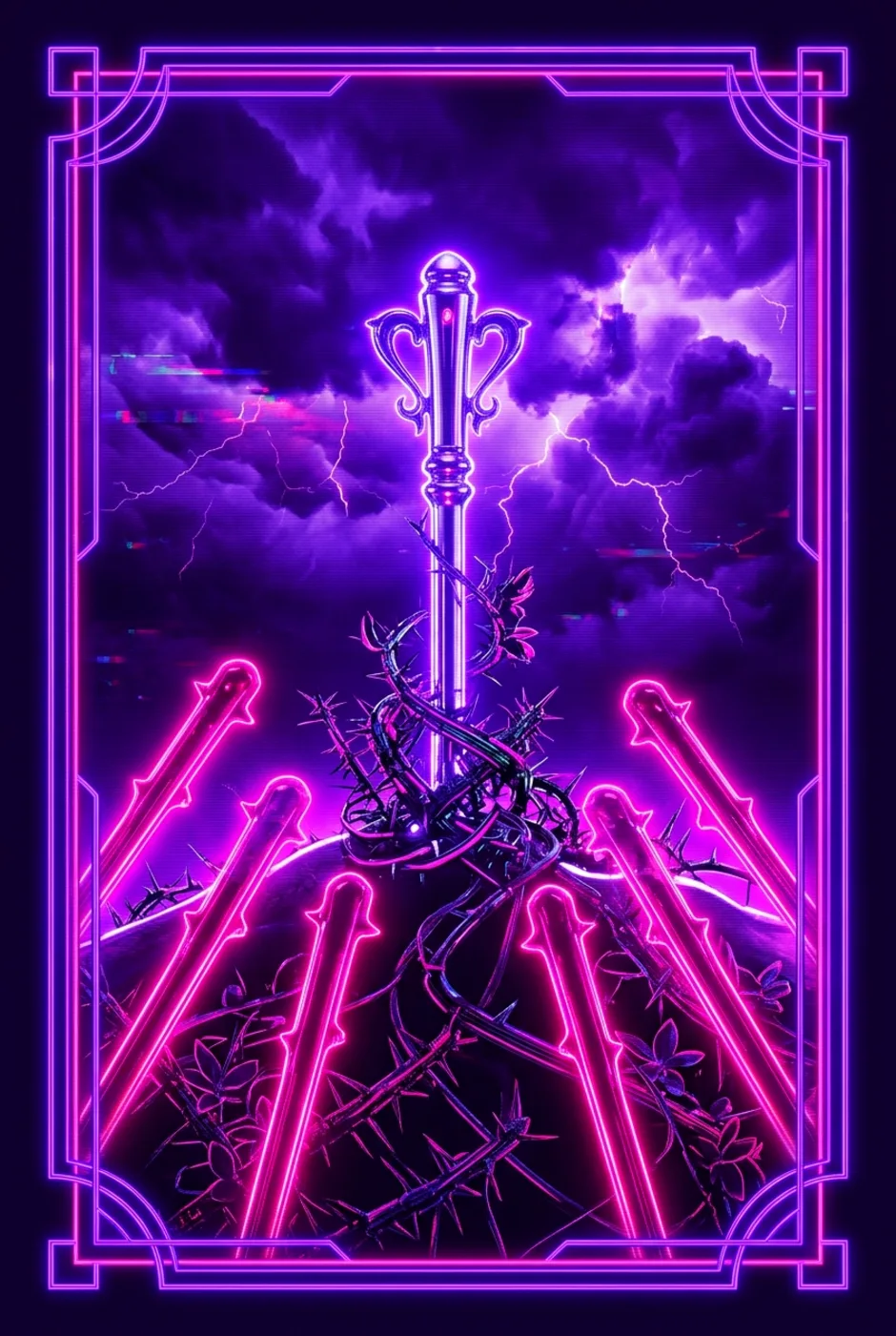 Seven of Wands, reversed, a Overclock tarot card