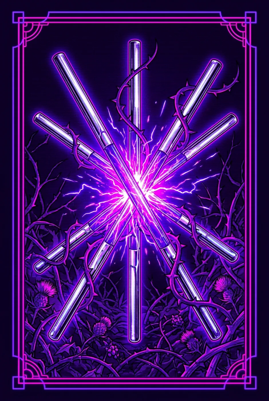 Five of Wands, upright, a Overclock tarot card