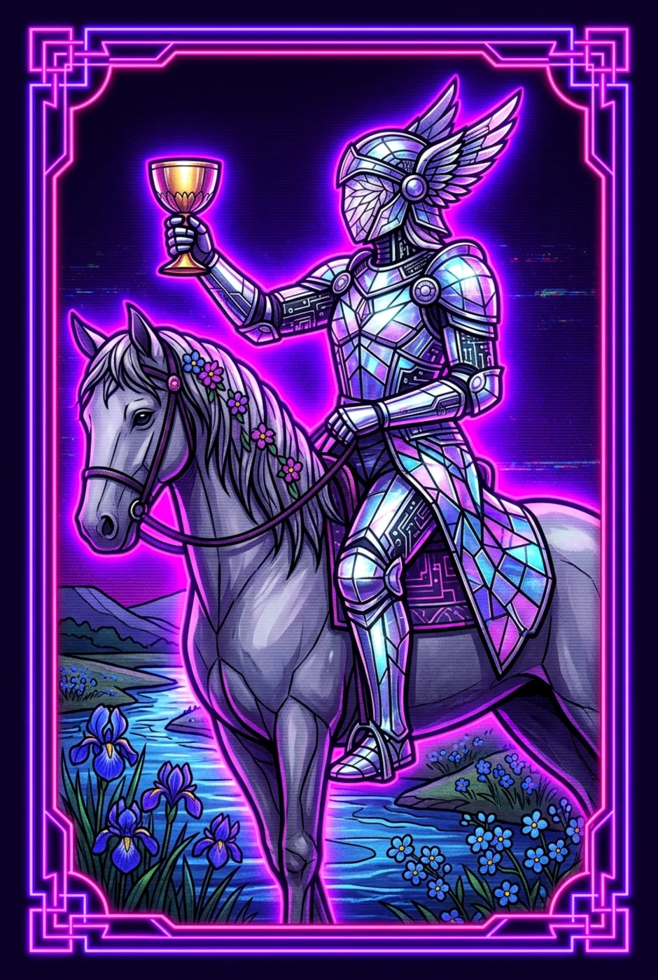 Knight of Cups, upright, a Overclock tarot card