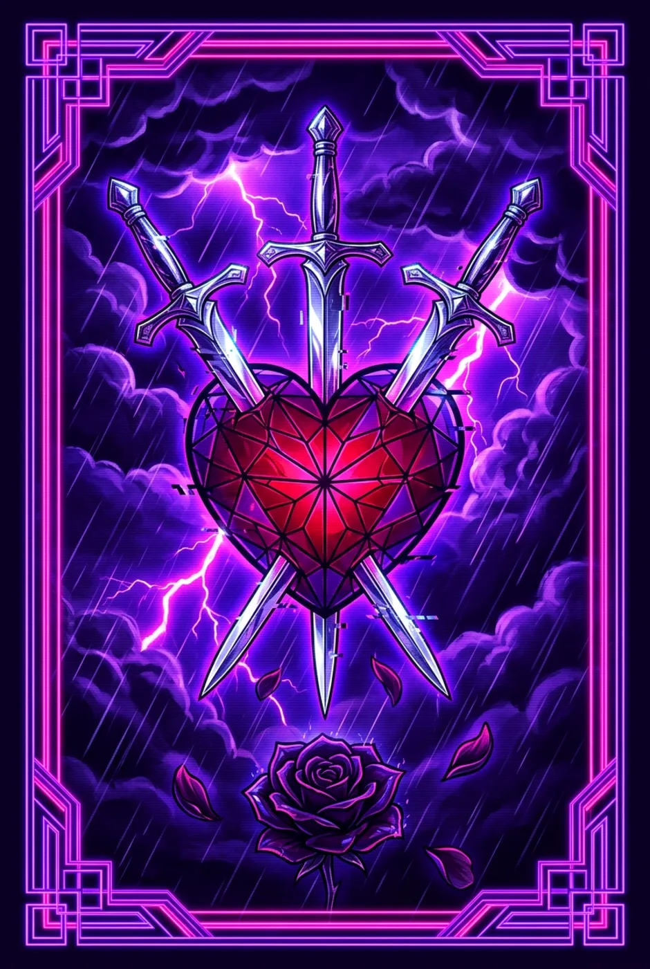 Three of Swords, upright, a Overclock tarot card