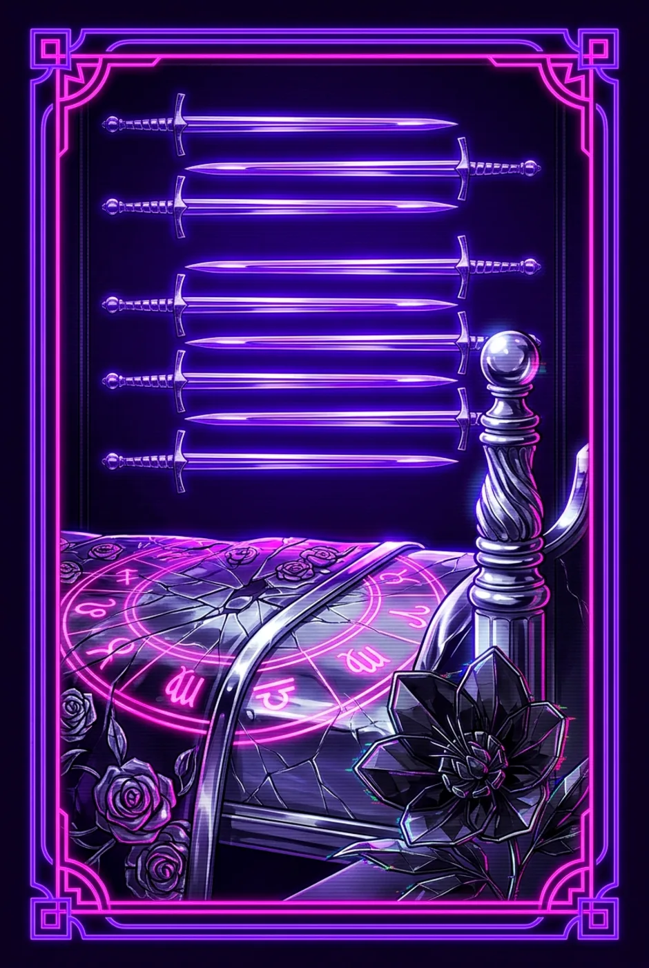 Nine of Swords, reversed, a Overclock tarot card