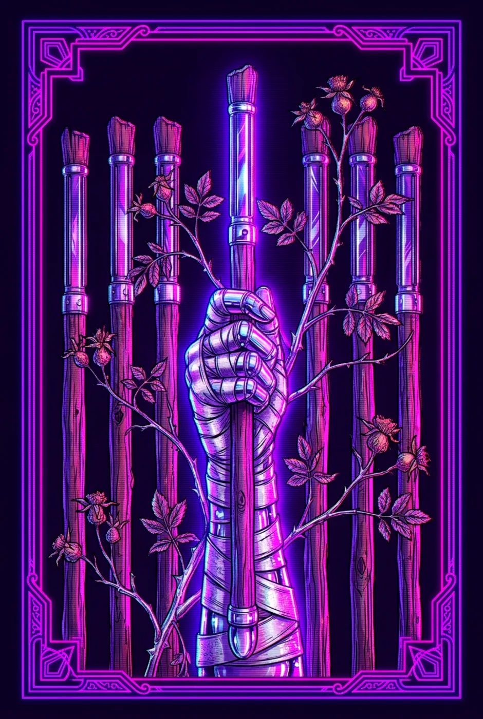 Nine of Wands, upright, a Overclock tarot card