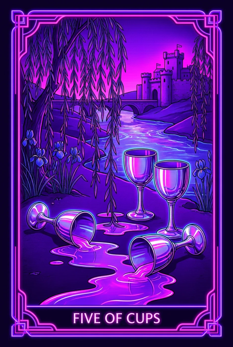 Five of Cups, reversed, a Overclock tarot card
