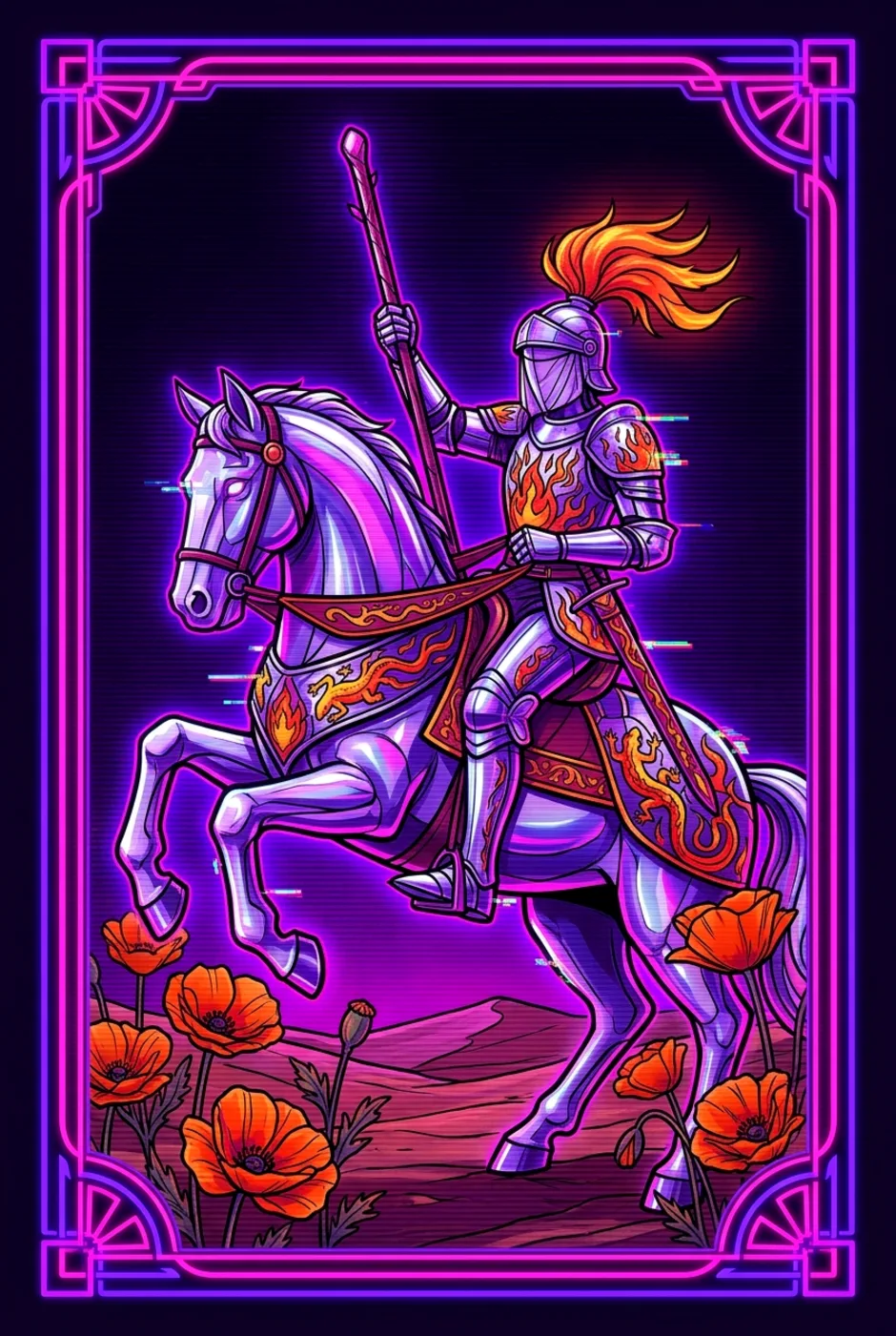 Knight of Wands, upright, a Overclock tarot card