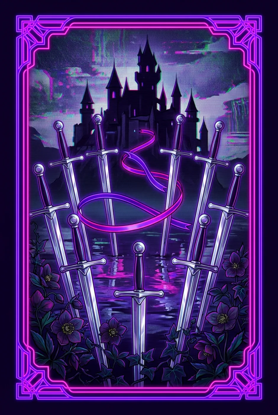 Eight of Swords, upright, a Overclock tarot card