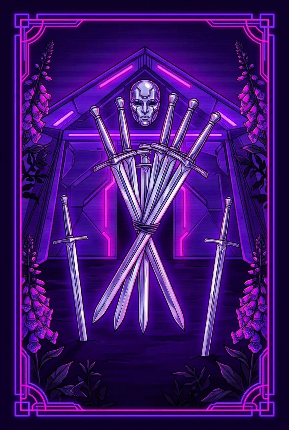 Seven of Swords, upright, a Overclock tarot card