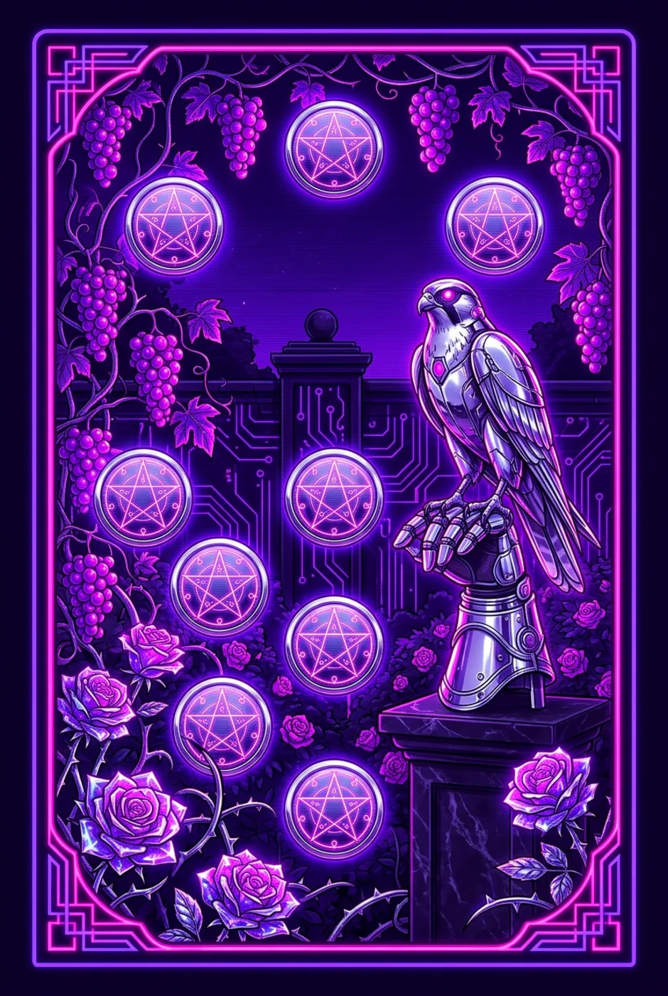 Nine of Pentacles, reversed, a Overclock tarot card