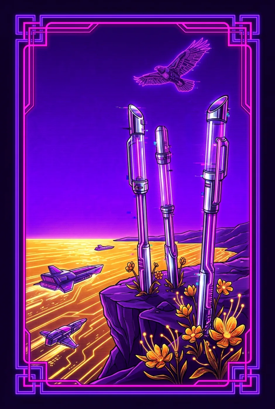 Three of Wands, upright, a Overclock tarot card