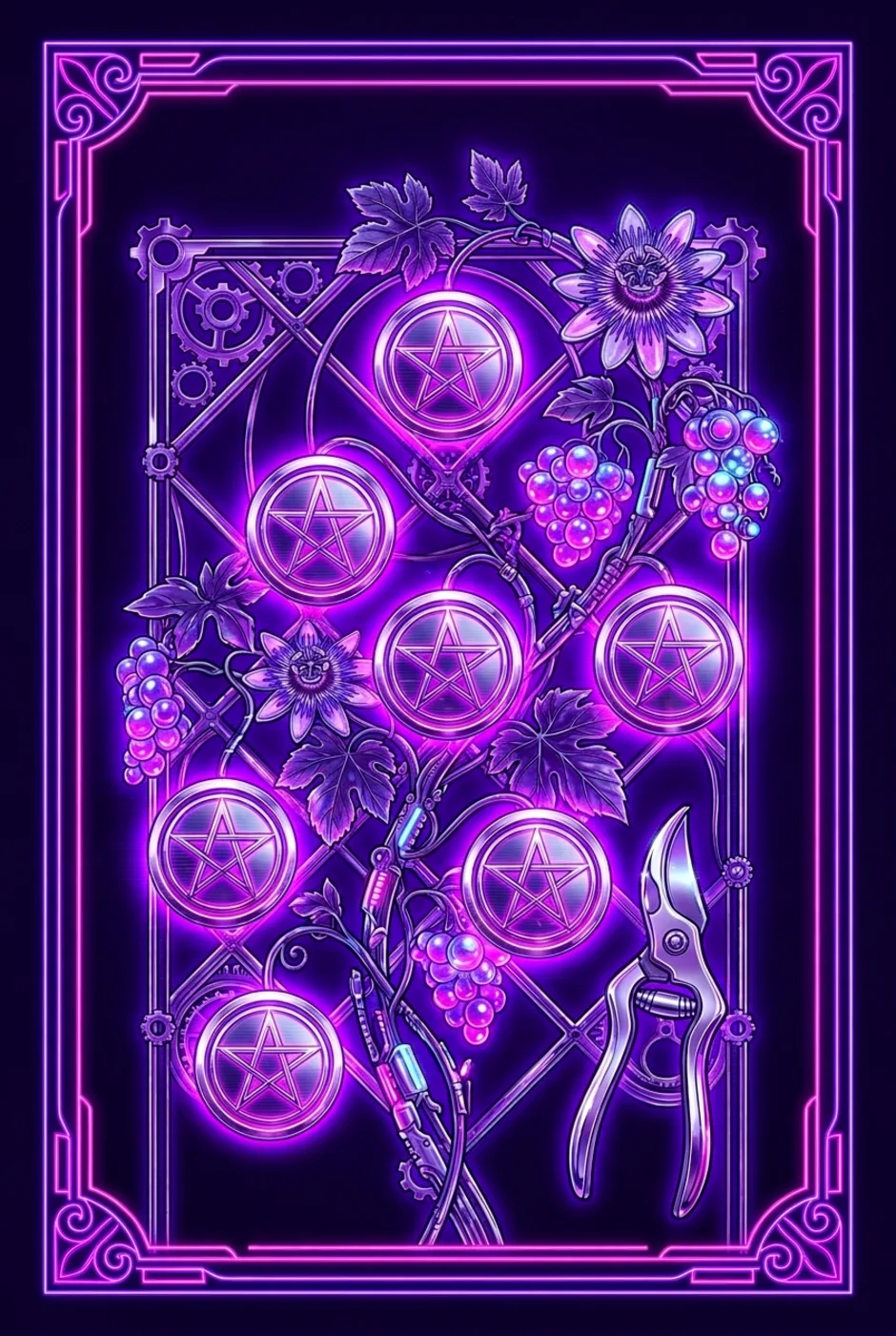 Seven of Pentacles, upright, a Overclock tarot card