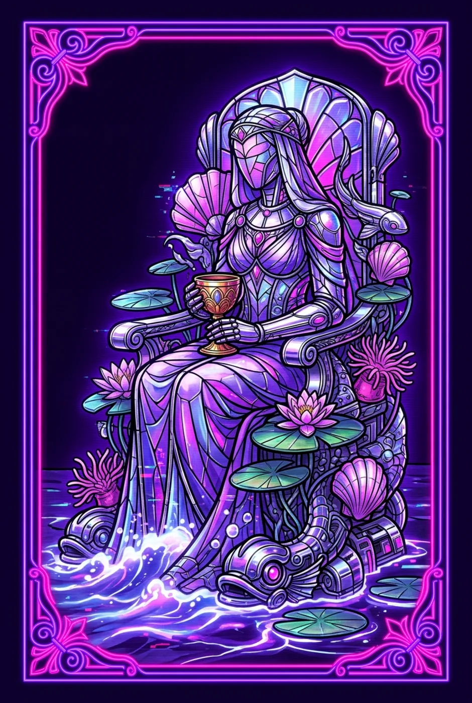 Queen of Cups, reversed, a Overclock tarot card