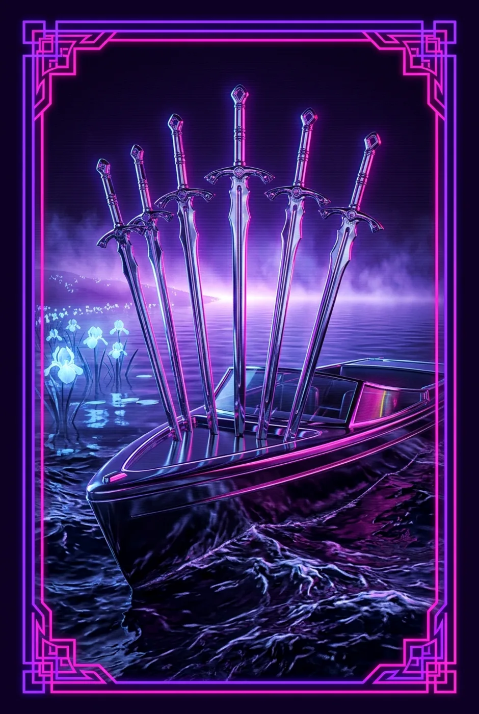 Six of Swords, upright, a Overclock tarot card