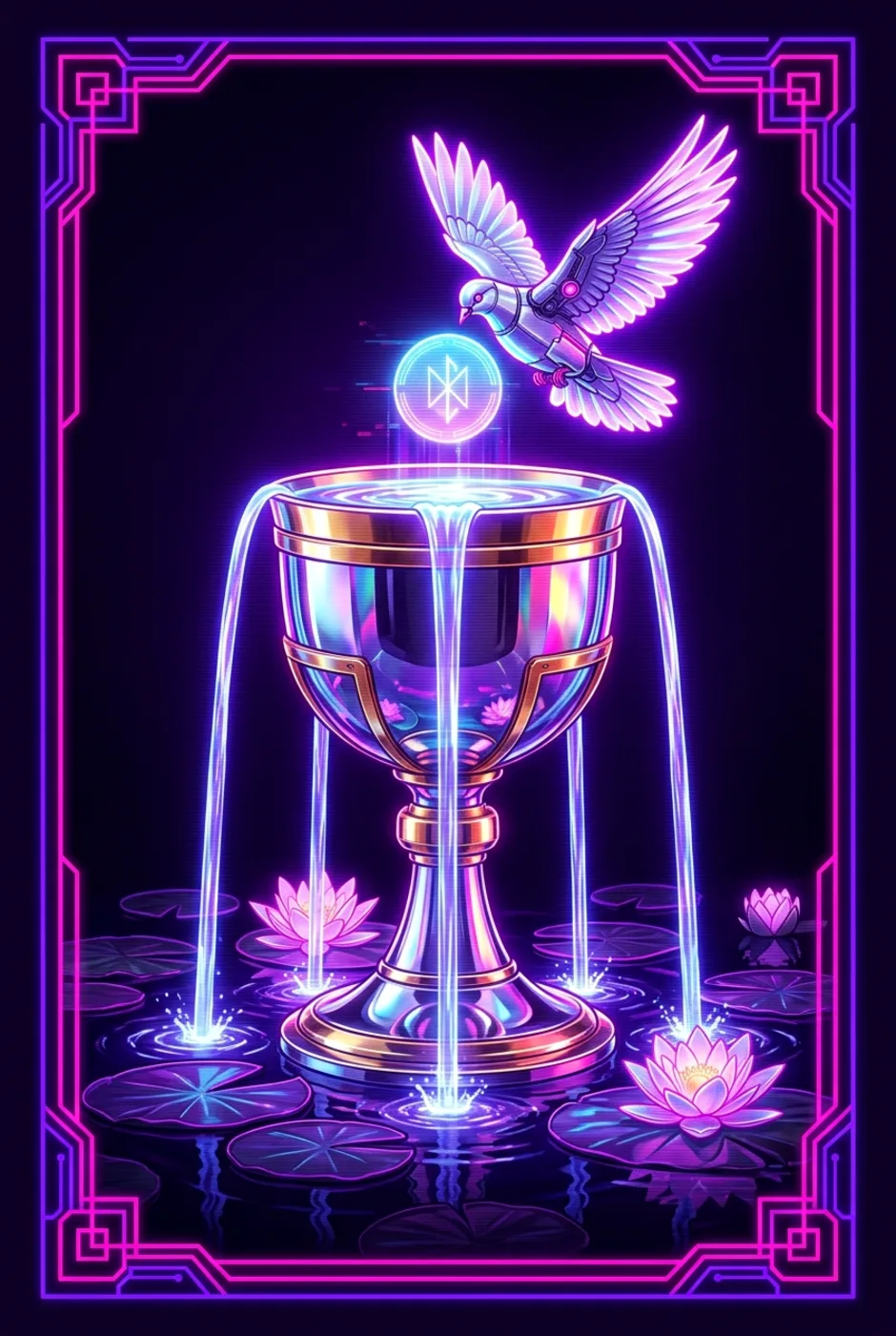 Ace of Cups, upright, a Overclock tarot card