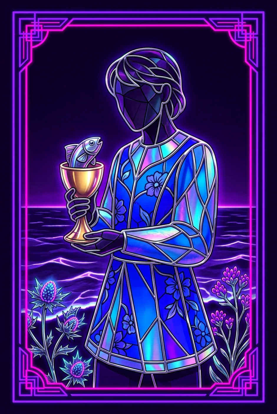 Page of Cups, reversed, a Overclock tarot card