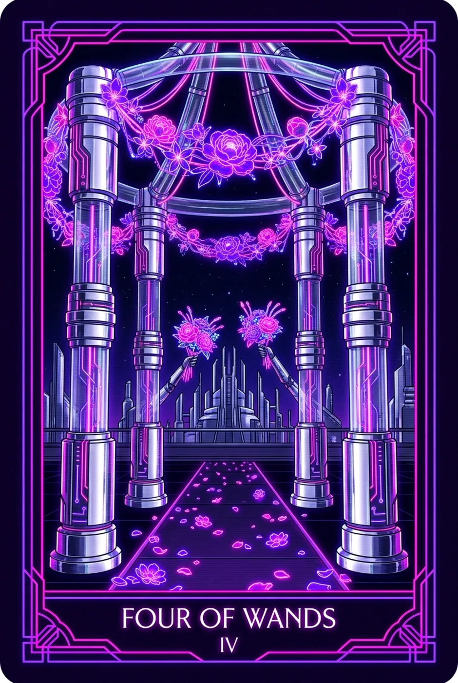 Four of Wands, upright, a Overclock tarot card