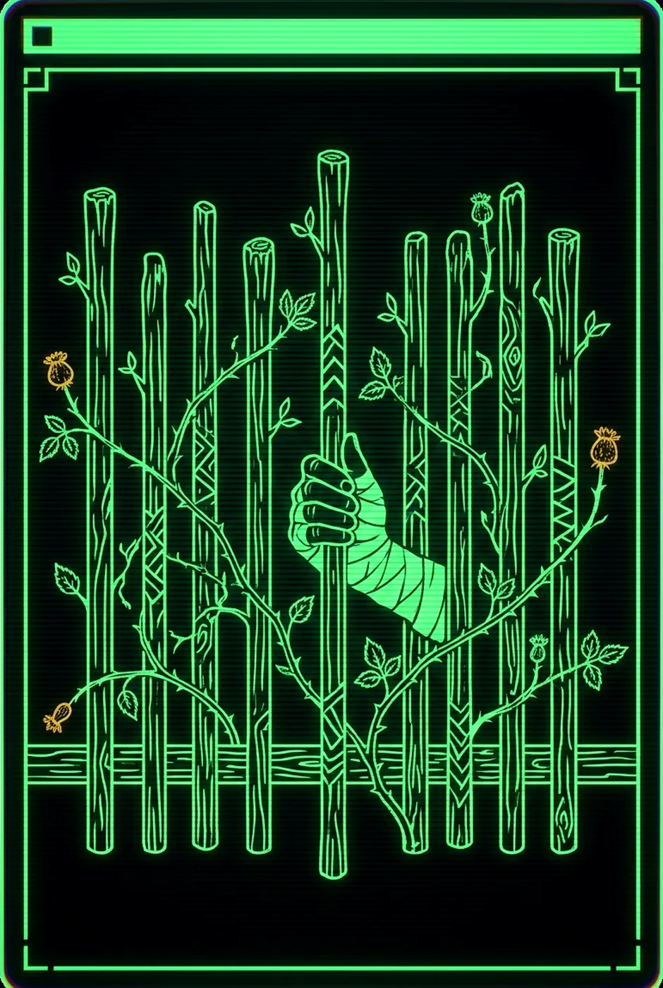 Nine of Wands, upright, a Phosphor tarot card