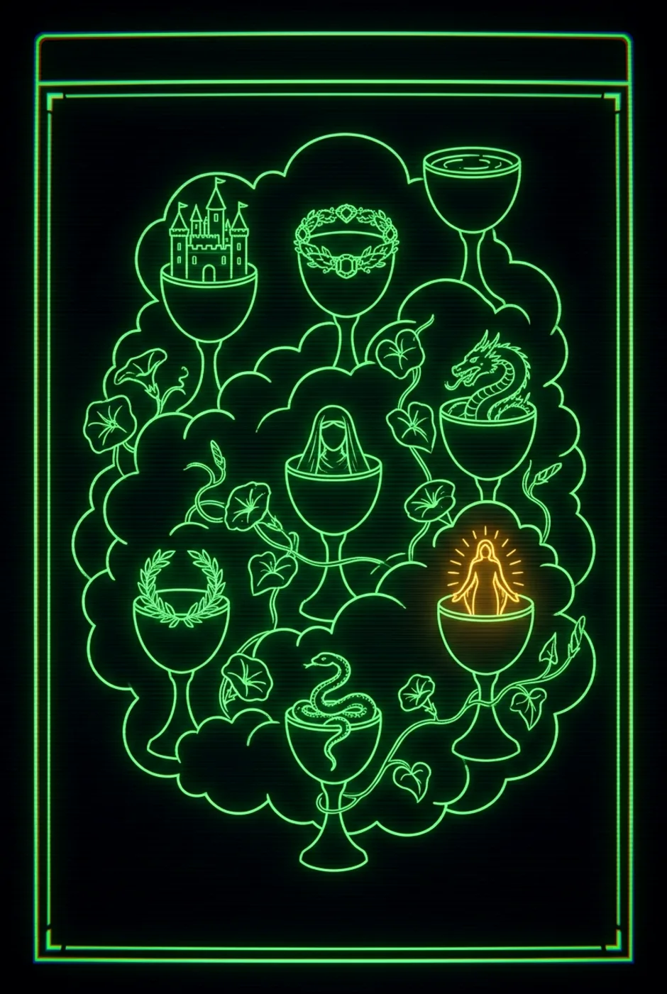 Seven of Cups, reversed, a Phosphor tarot card