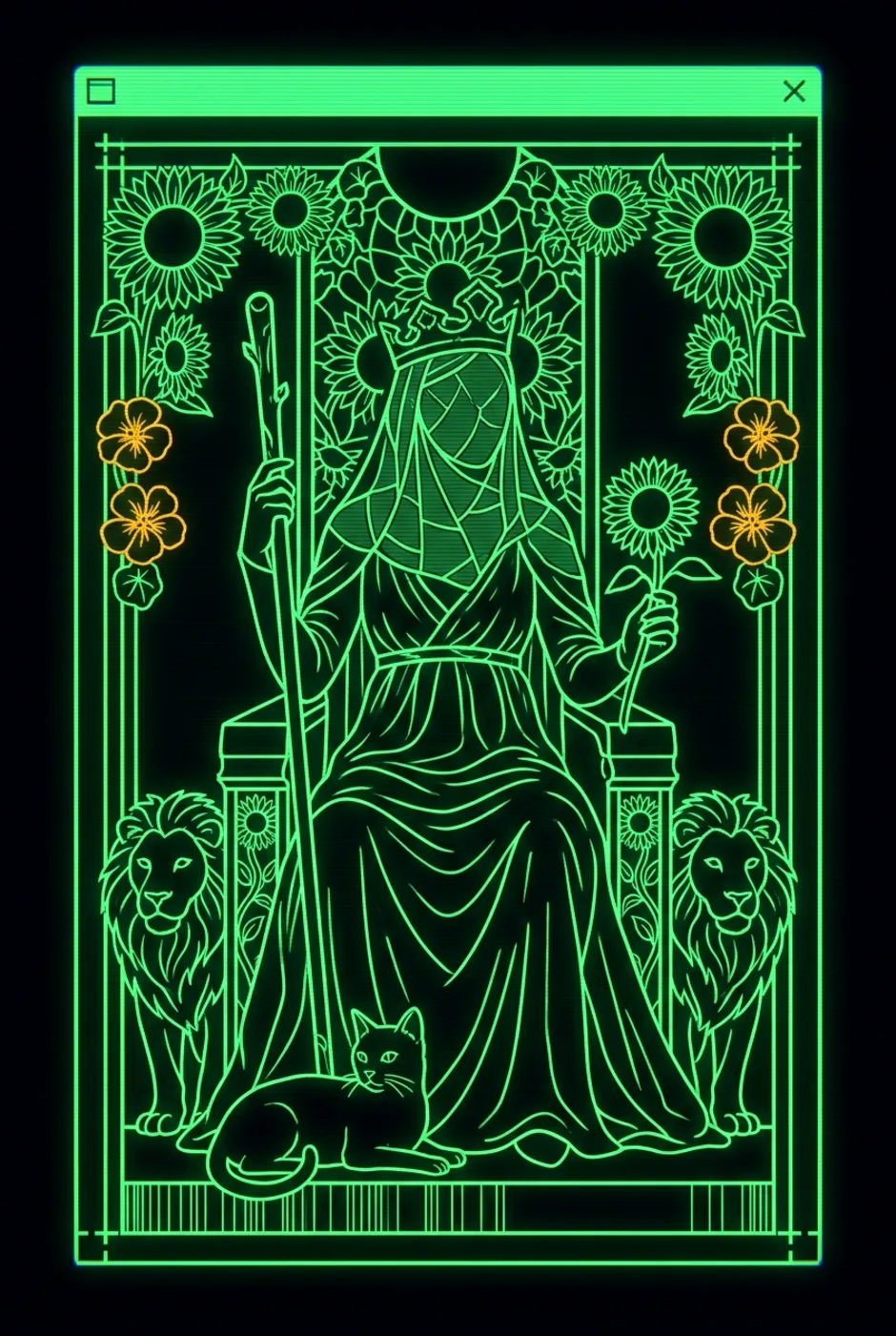 Queen of Wands, upright, a Phosphor tarot card
