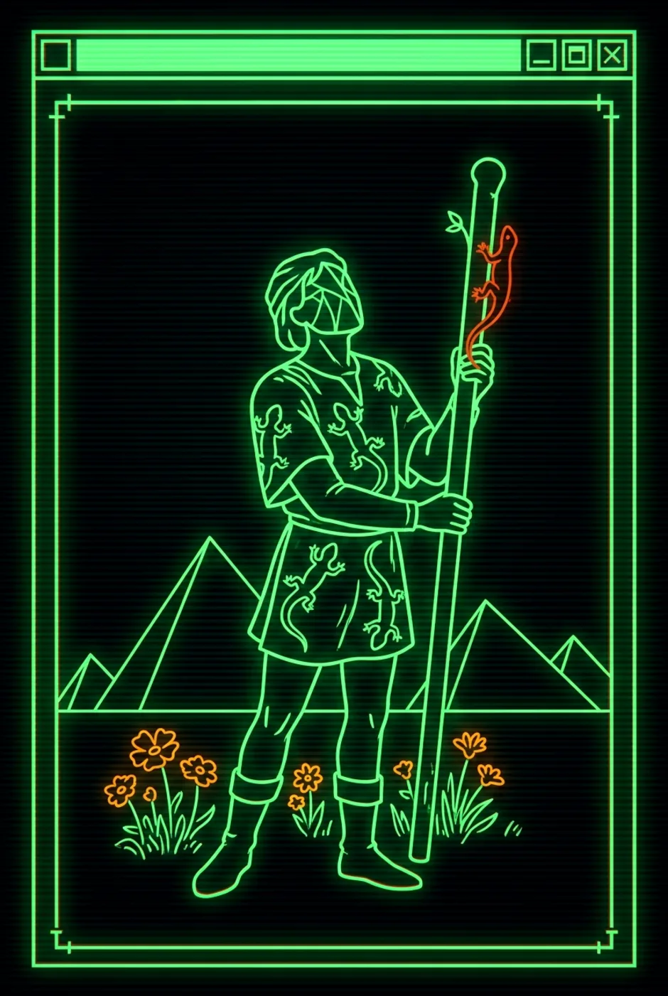 Page of Wands, reversed, a Phosphor tarot card