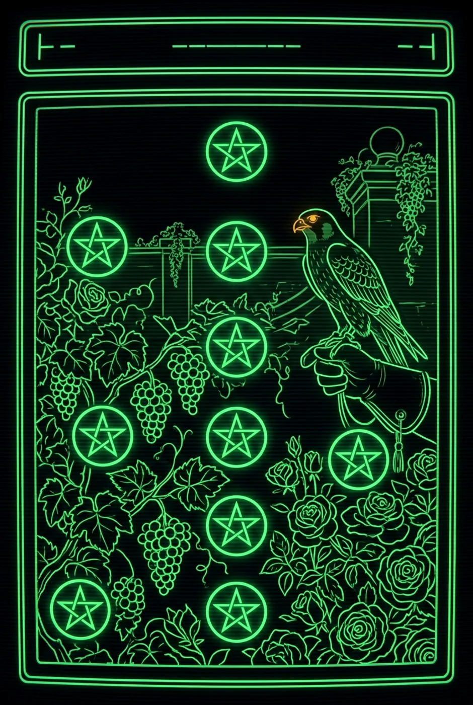 Nine of Pentacles, reversed, a Phosphor tarot card