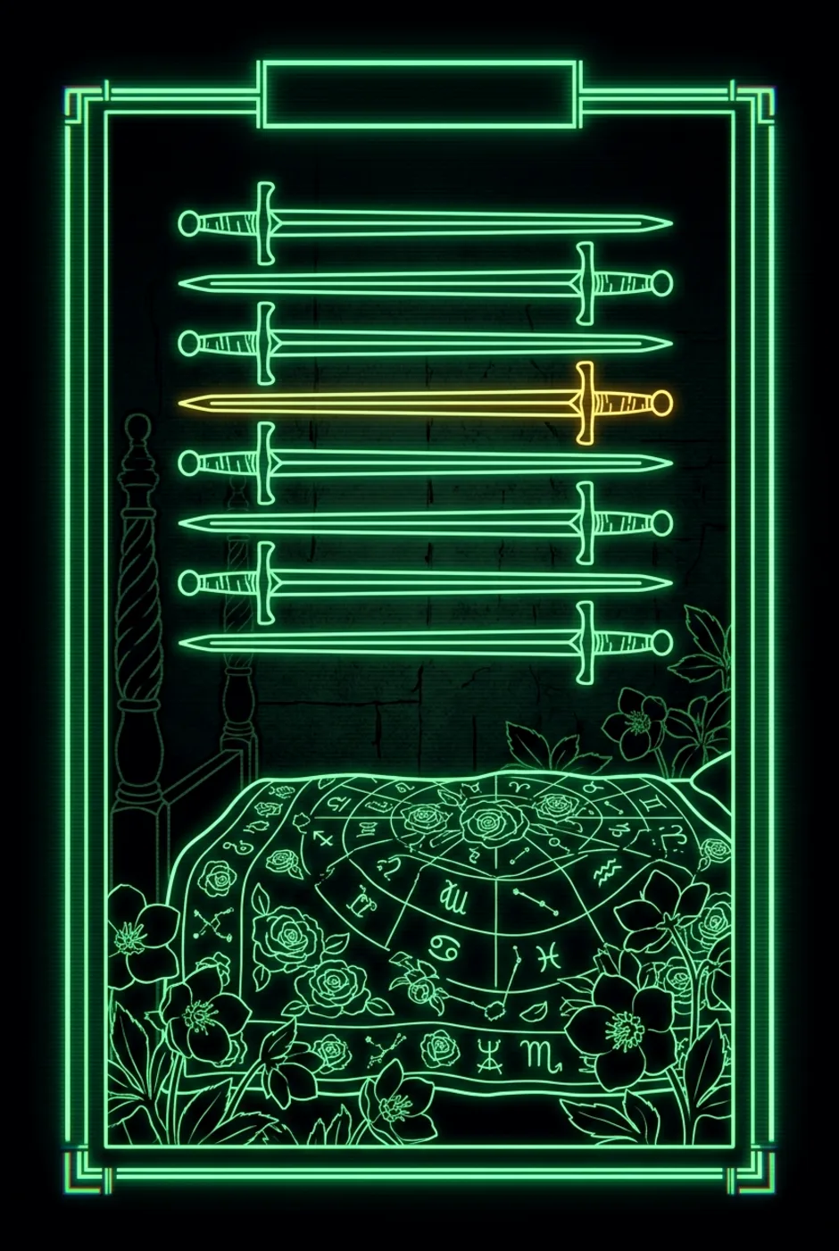 Nine of Swords, upright, a Phosphor tarot card