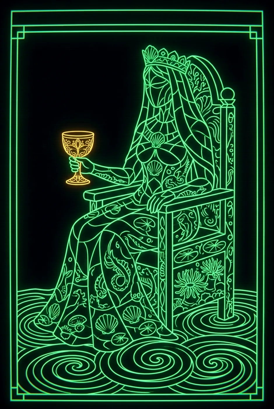 Queen of Cups, upright, a Phosphor tarot card