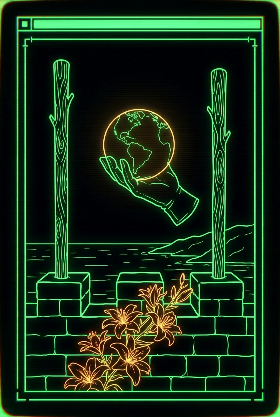 Two of Wands, reversed, a Phosphor tarot card