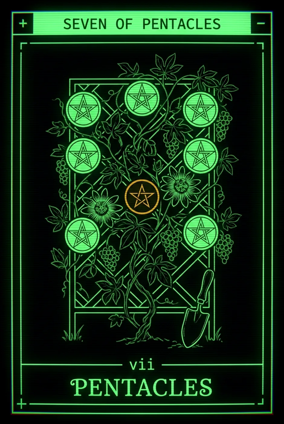 Seven of Pentacles, reversed, a Phosphor tarot card
