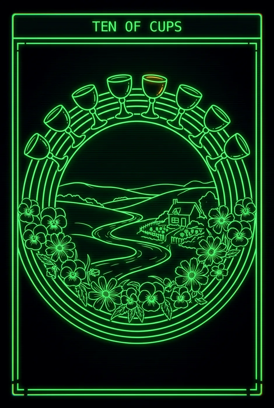Ten of Cups, upright, a Phosphor tarot card