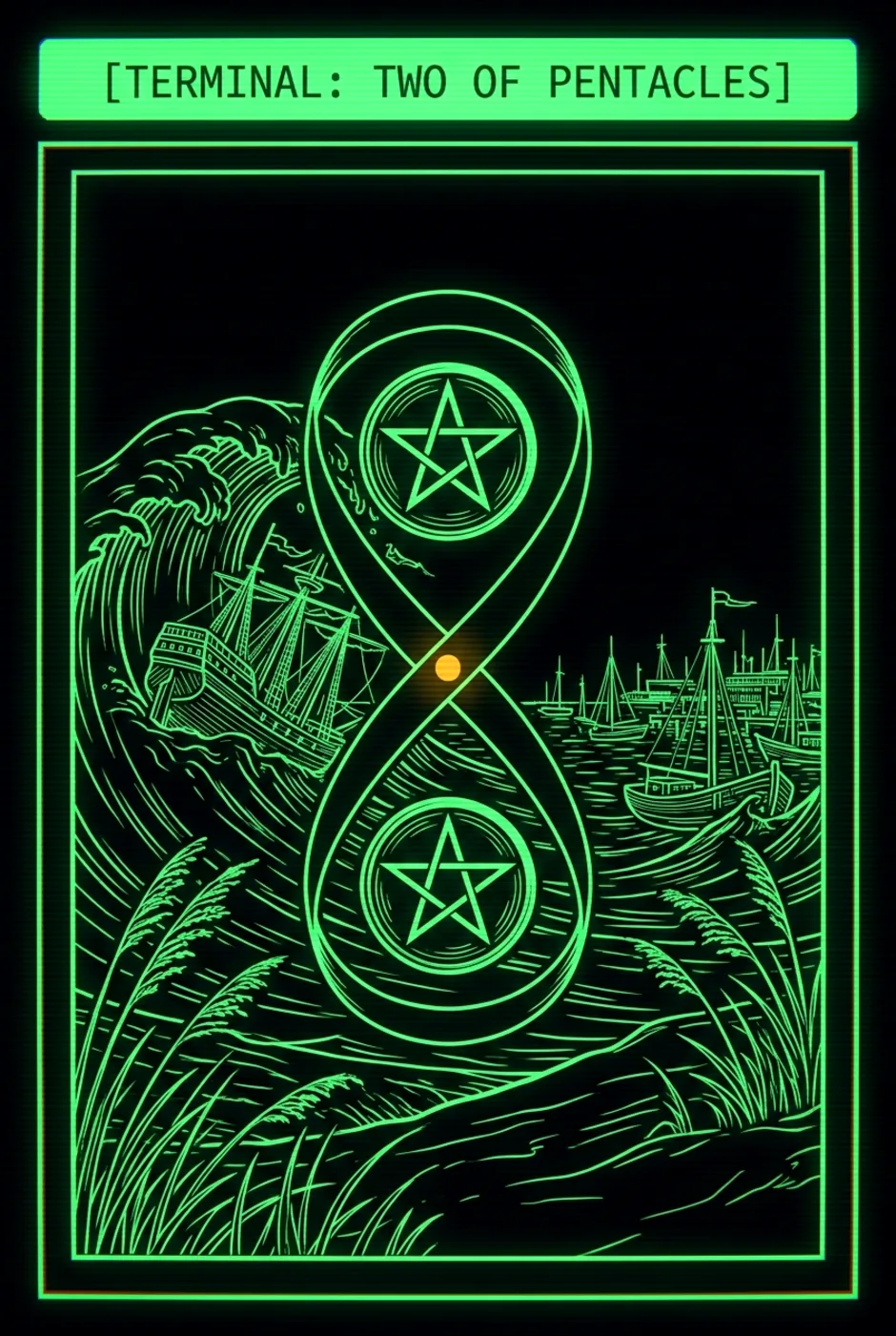 Two of Pentacles, upright, a Phosphor tarot card