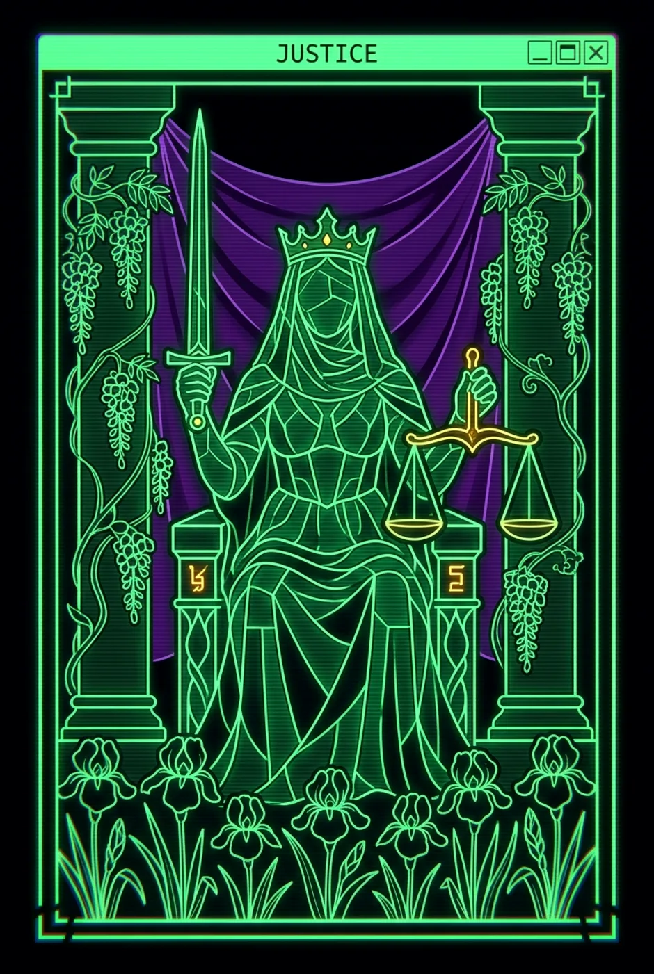 Justice, upright, a Phosphor tarot card