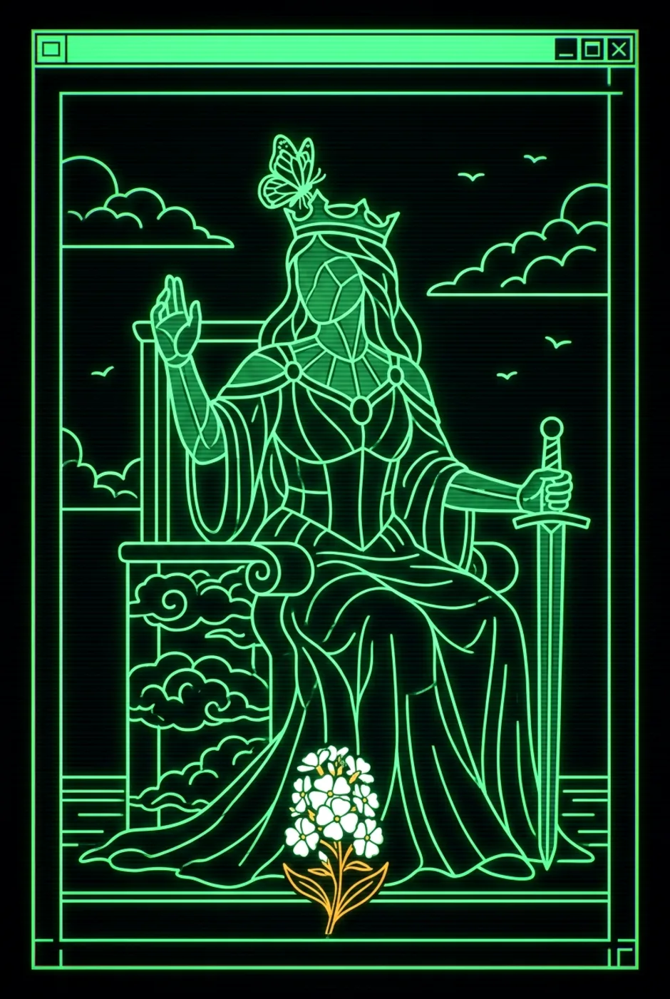 Queen of Swords, reversed, a Phosphor tarot card
