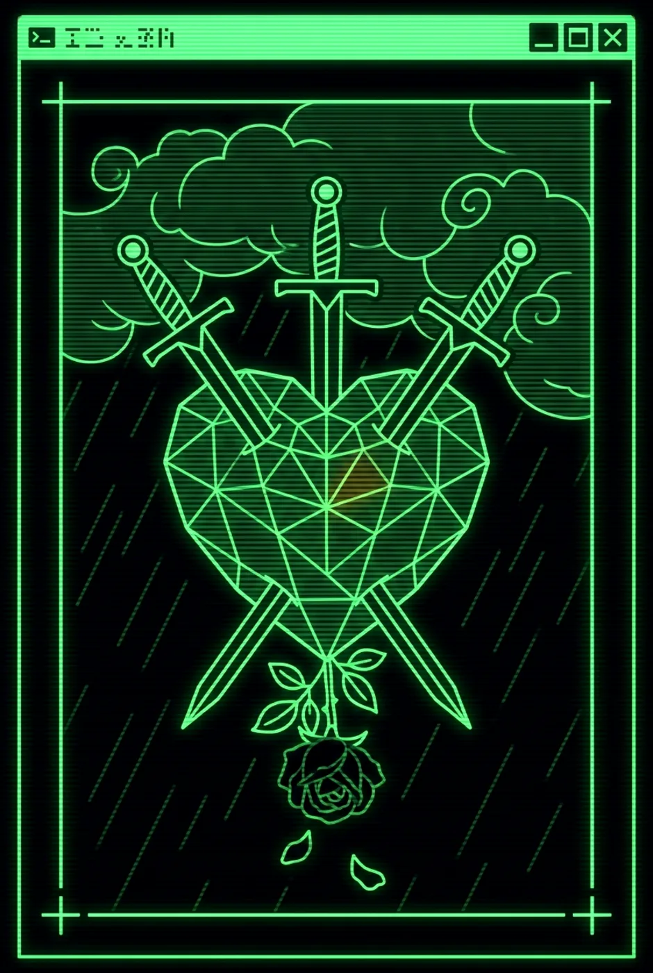 Three of Swords, reversed, a Phosphor tarot card