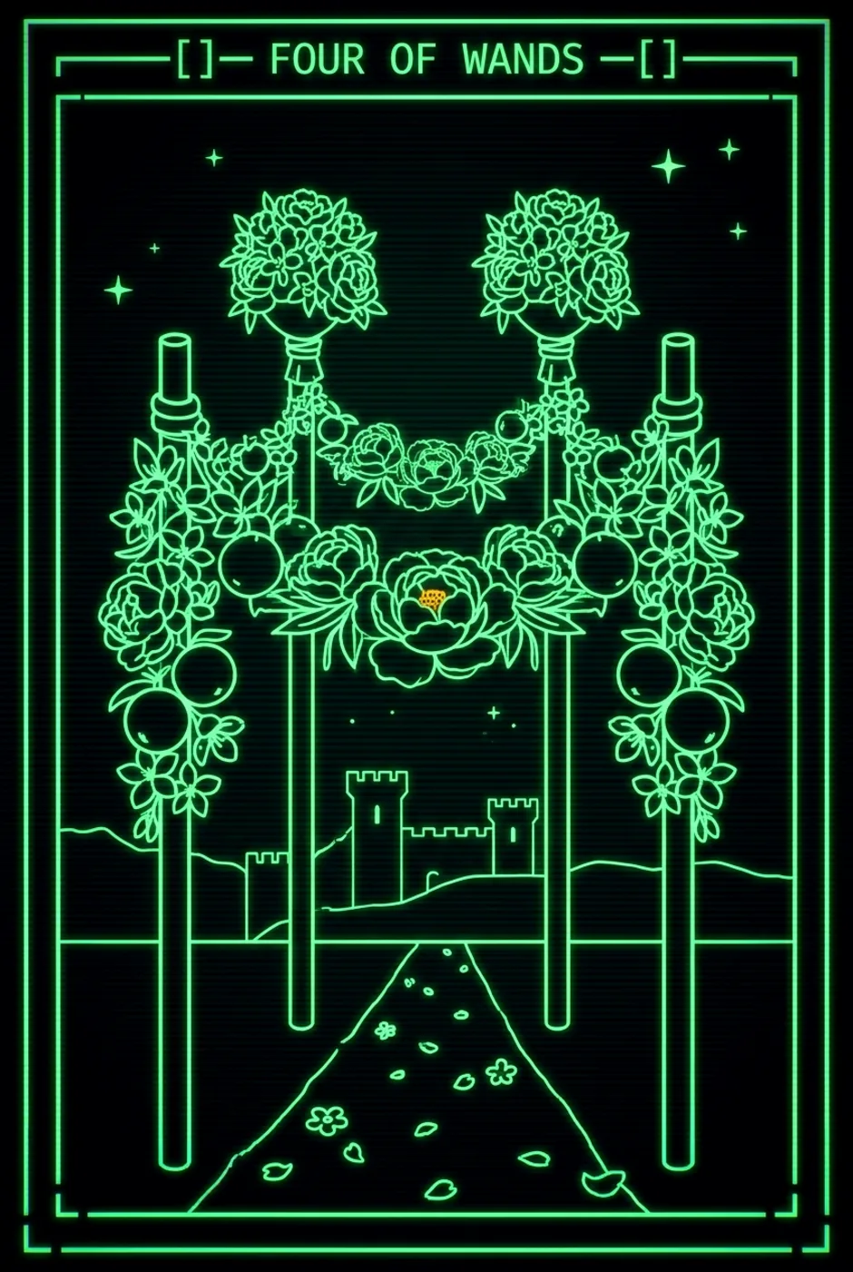 Four of Wands, reversed, a Phosphor tarot card