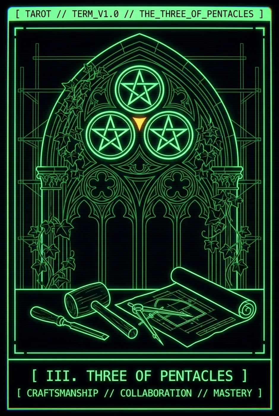 Three of Pentacles, upright, a Phosphor tarot card
