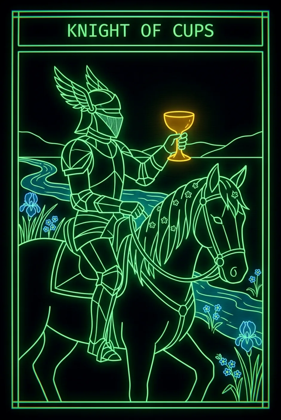 Knight of Cups, reversed, a Phosphor tarot card