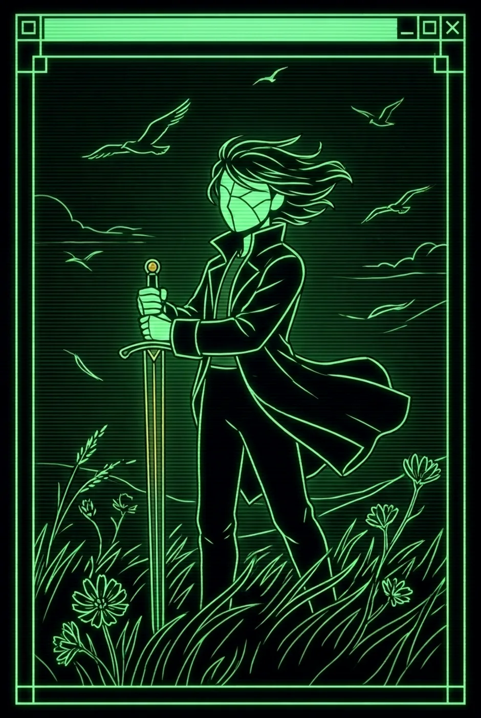 Page of Swords, upright, a Phosphor tarot card