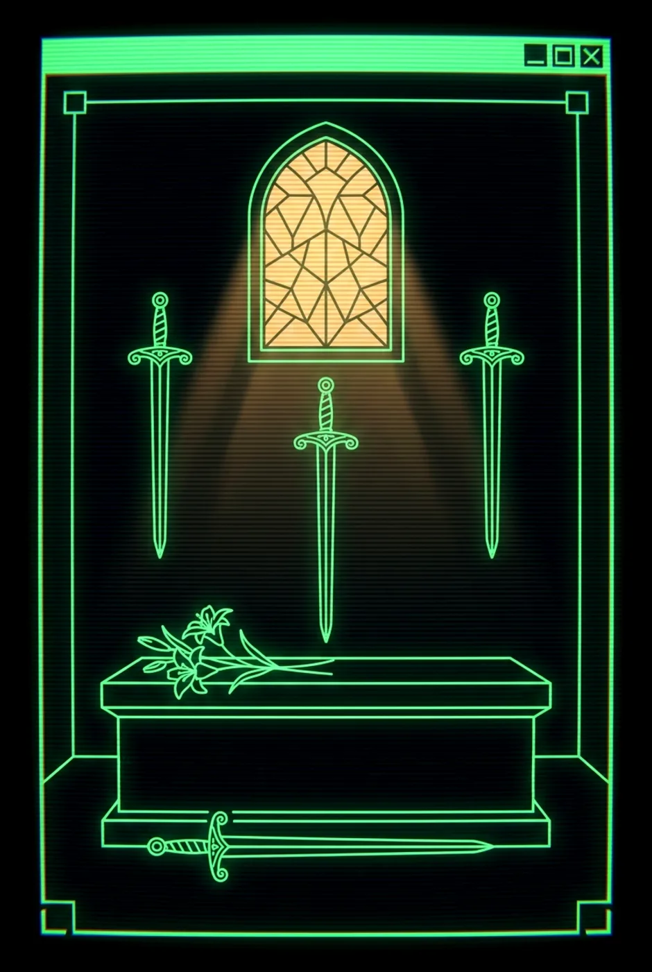 Four of Swords, upright, a Phosphor tarot card