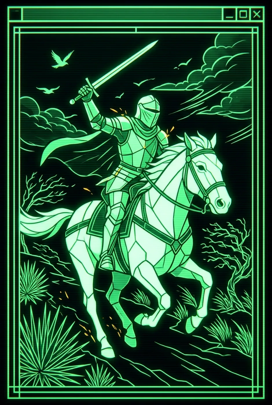 Knight of Swords, reversed, a Phosphor tarot card