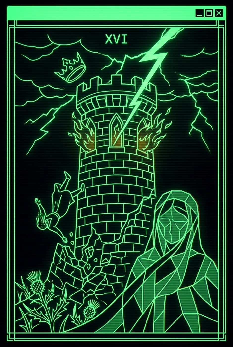 The Tower, reversed, a Phosphor tarot card