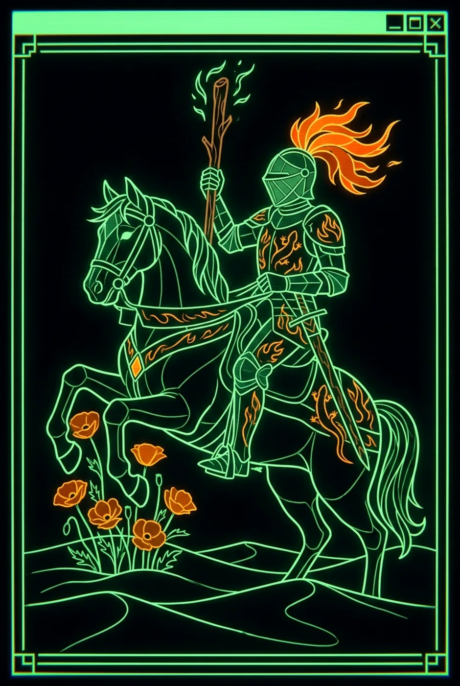 Knight of Wands, upright, a Phosphor tarot card
