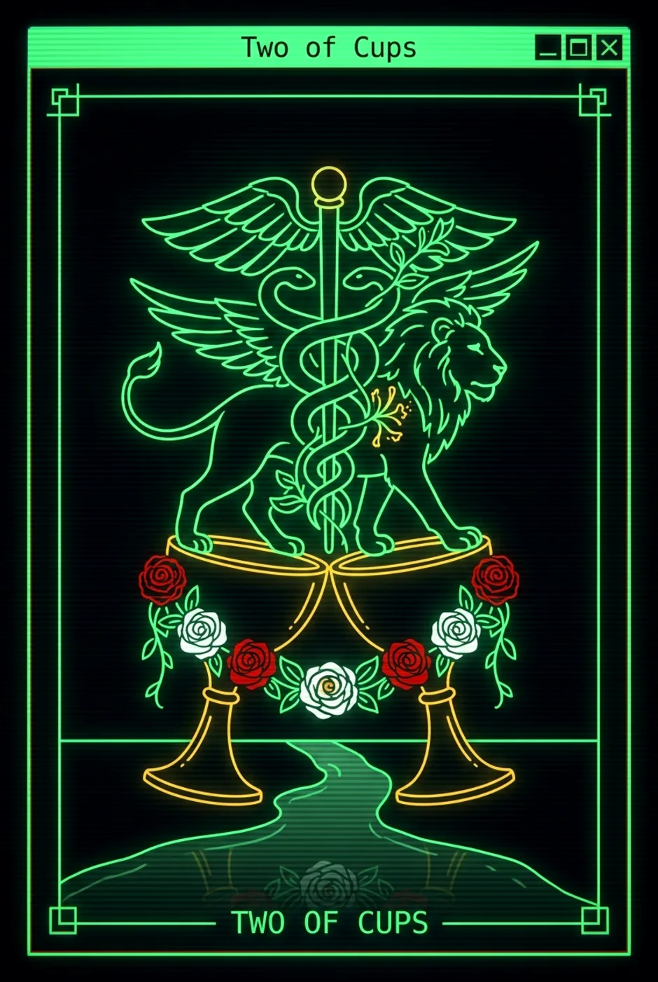 Two of Cups, reversed, a Phosphor tarot card