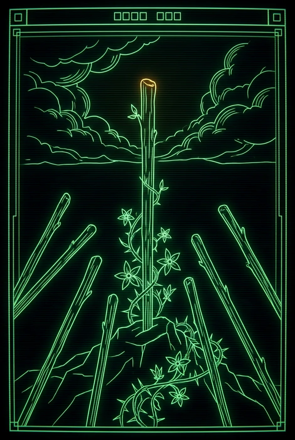 Seven of Wands, upright, a Phosphor tarot card